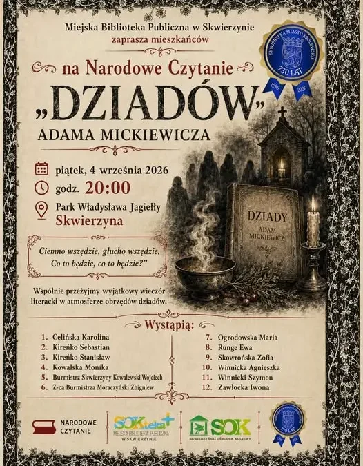 Narodowe Czytanie „Dziadów” w Skwierzynie – wieczorne spotkanie w parku