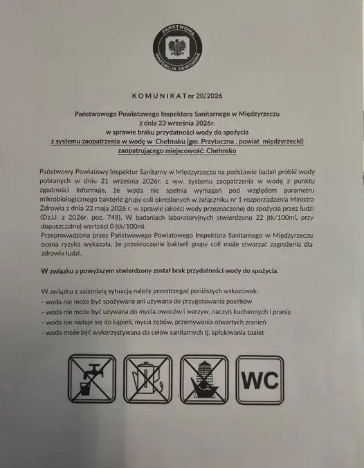 Bakterie grupy coli w wodociągu Chełmsko – mieszkańcy mają wodę zastępczą