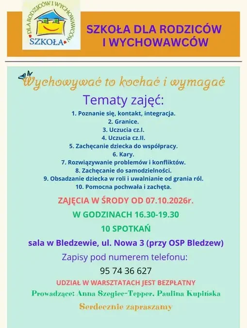 Warsztaty dla rodziców w Bledzewie – „Wychowywać, to kochać i wymagać”