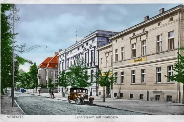 Międzyrzecz na dawnej pocztówce – starostwo i bank powiatowy, których już nie ma