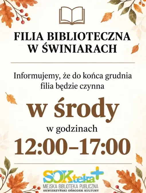 Filia biblioteczna w Świniarach zmienia godziny otwarcia