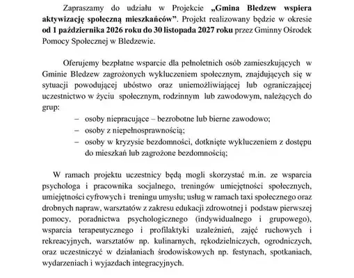 Gmina Bledzew ogłasza rekrutację do projektu aktywizacji społecznej mieszkańców