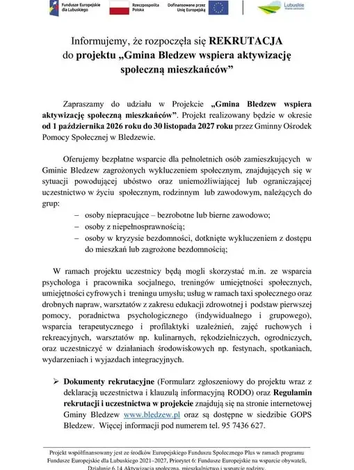 Gmina Bledzew ogłasza rekrutację do projektu aktywizacji społecznej mieszkańców