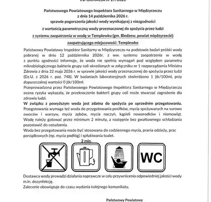 Templewko: woda z wodociągu warunkowo przydatna do spożycia