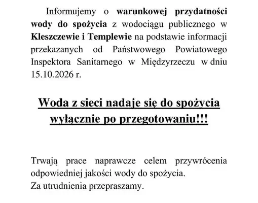 Woda w Kleszczewie i Templewie tylko po przegotowaniu – komunikat gminy Bledzew