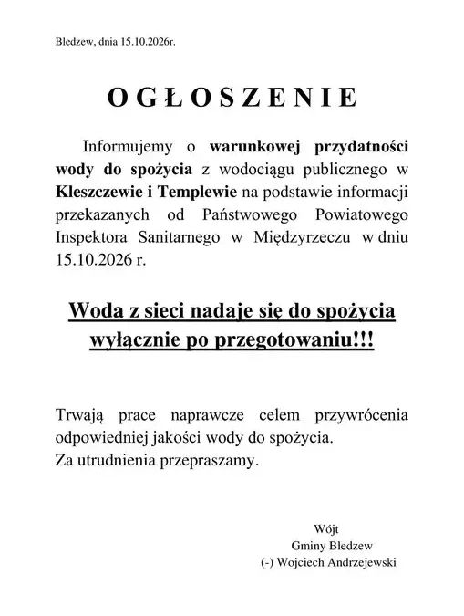 Woda w Kleszczewie i Templewie tylko po przegotowaniu – komunikat gminy Bledzew