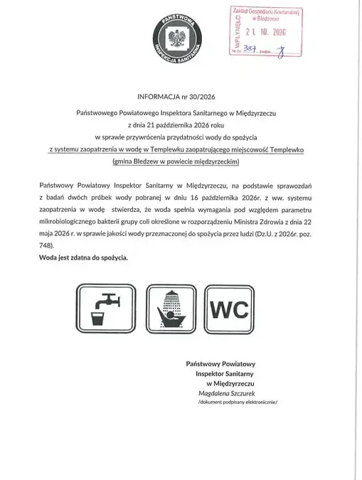 Templewko: woda z wodociągu znów zdatna do picia po badaniach sanepidu